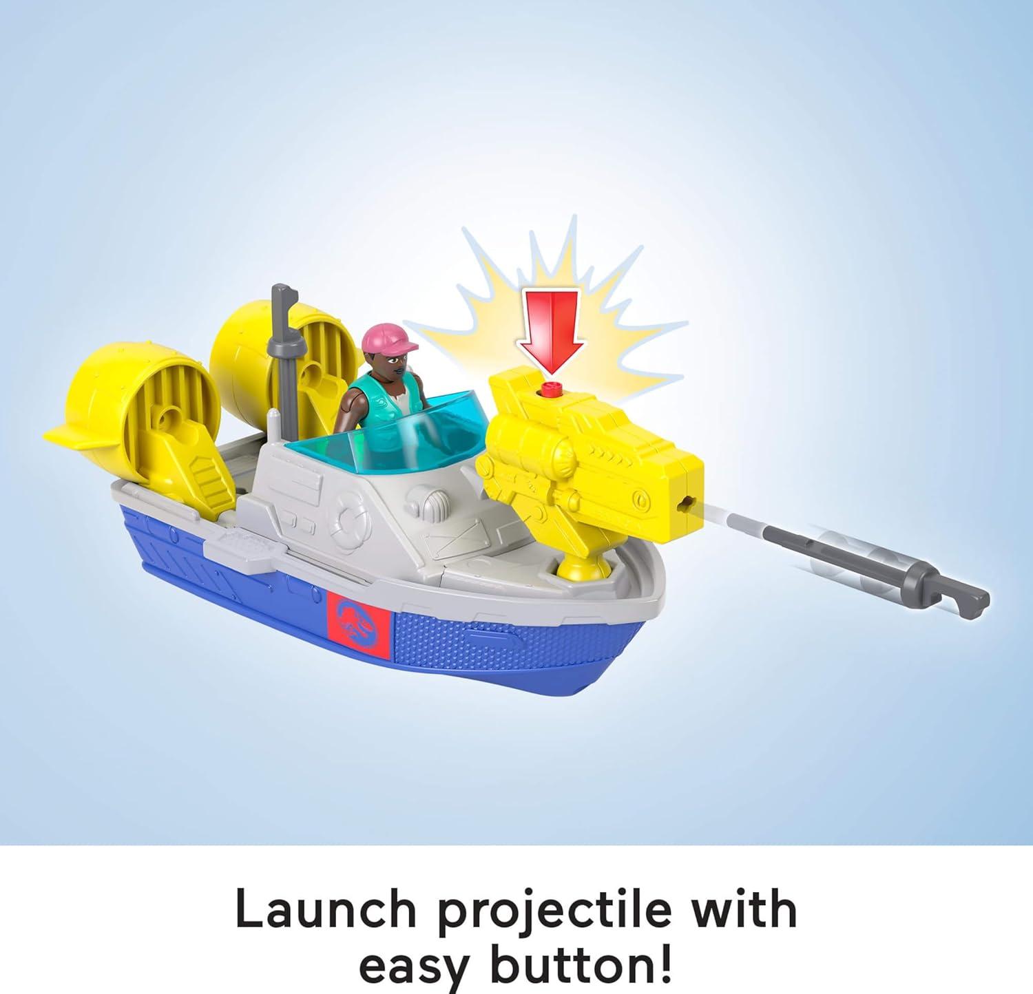 imageFisherPrice Imaginext Jurassic World Rebirth Aquachomp Chase Mosasaurus 18inch Dinosaur Toy with 3inch Action Figure Launcher Boat ampamp 2 Projectiles