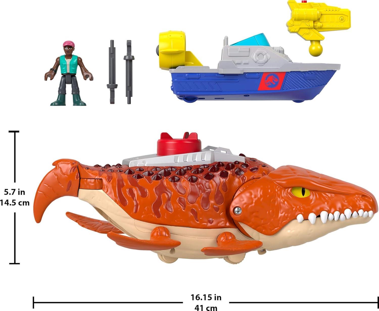 imageFisherPrice Imaginext Jurassic World Rebirth Aquachomp Chase Mosasaurus 18inch Dinosaur Toy with 3inch Action Figure Launcher Boat ampamp 2 Projectiles