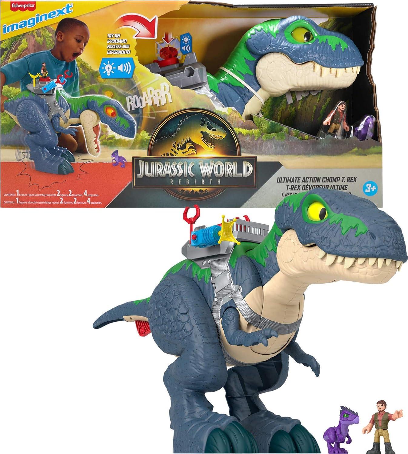 imageFisherPrice Imaginext Jurassic World Rebirth Dinosaur Playset Ultimate Action Chomp T rex 18inch Dino Toy with Lights Sounds Motion ampamp 2 3inch Action Figures