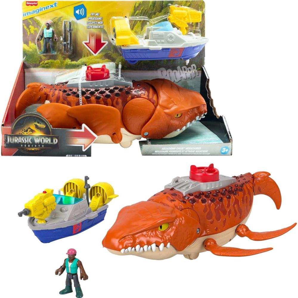 imageFisherPrice Imaginext Jurassic World Rebirth Aquachomp Chase Mosasaurus 18inch Dinosaur Toy with 3inch Action Figure Launcher Boat ampamp 2 Projectiles