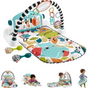 Fisher-Price Baby Musical Toy Set Glow and Grow Kick & Play Piano Gym Blue Playmat with 2 Rattle Maracas for Newborns Ages 0+ Months(Blue)