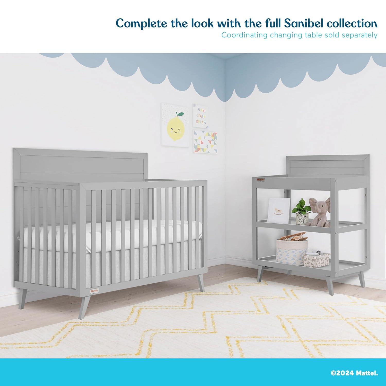 imageDream On Me FisherPrice Sanibel 5in1 Convertible FullSize Baby Crib in Pebble Grey GreenGuard Gold Sustainable Pinewood Wooden Spindles 3 Mattress Heights Converts to Day ampamp Toddler Bed