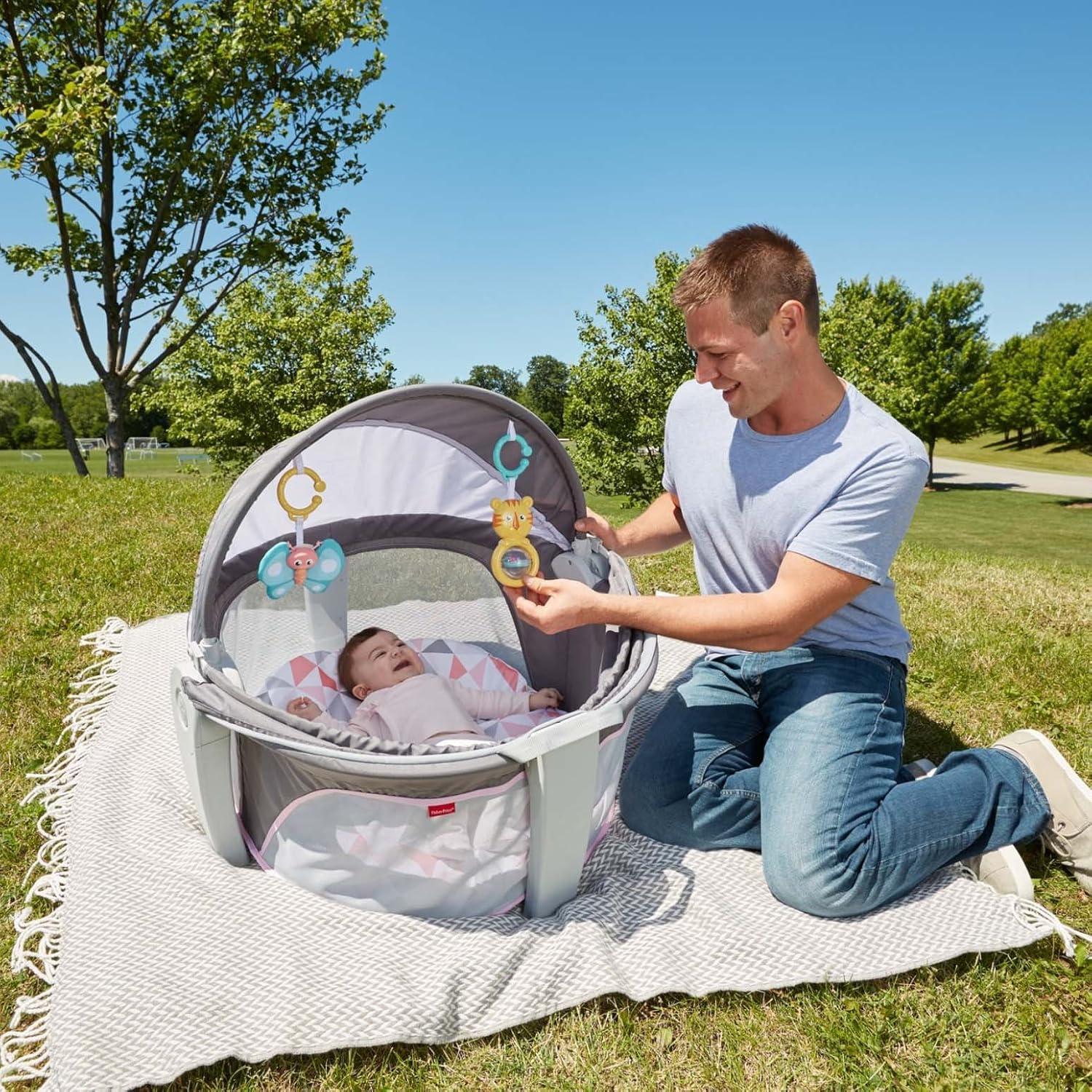 imageFisherPrice Portable Bassinet OnTheGo Baby Dome Travel Play Space with Developmental Newborn Toys ampamp Canopy Rosy Windmill