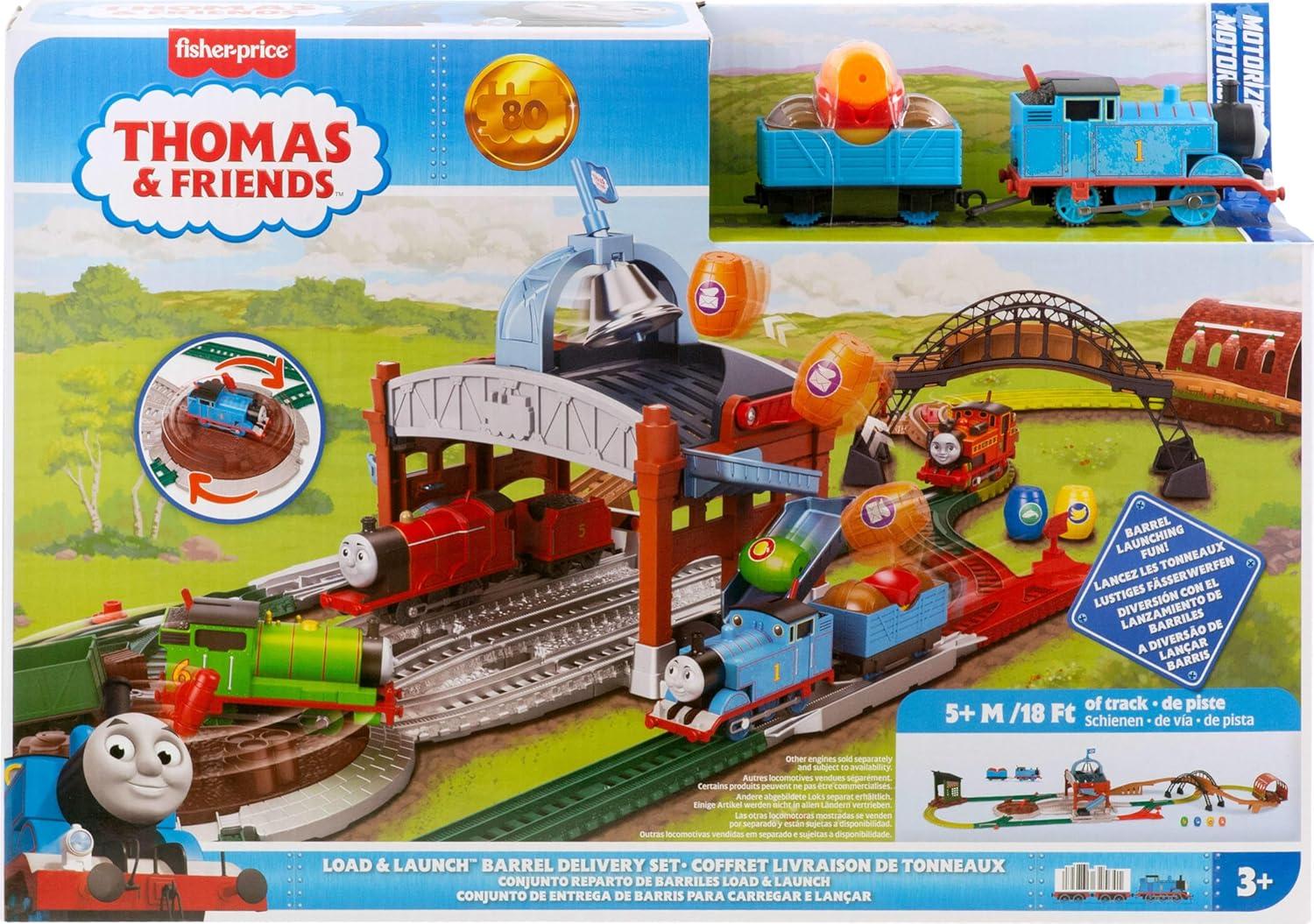 imageThomas ampamp Friends Toy Train Playset by FisherPrice Load ampamp Launch Barrel Delivery with Classic Motorized Engine ampamp Cargo Car 18 Feet of Track