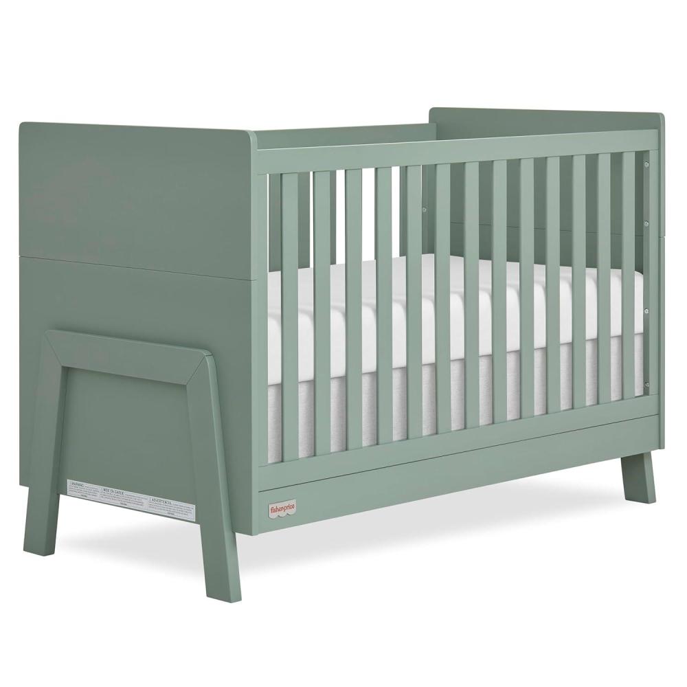 imageDream On Me FisherPrice Iris 4in1 Convertible FullSize Baby Crib in Vintage White Oak GreenGuard Gold ampamp JPMA Sustainable Pinewood Converts to Day ampamp Toddler Bed with Guard Rails ampamp Kids SofaMeadow Green