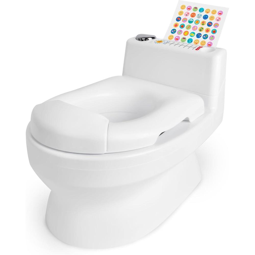 imageFisherPrice 2N1 Potty Trainer with Flushing Sounds Chart ampamp Storage White Floor Potty Chair with Splash Guard Removable Ring ampamp Bowl Patented Snap Safe Ring Technology