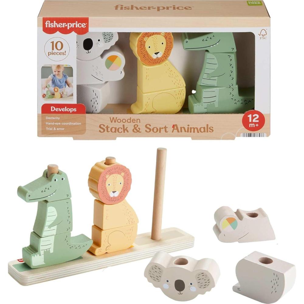 imageFisherPrice Wood Baby Toy Stack ampamp Sort Animals 10 Wooden Pieces for Developmental Play for Infants ampamp Toddlers Ages 1 YearsAnimals