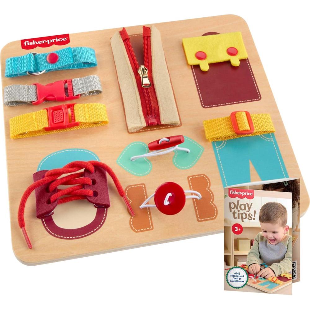 imageFisherPrice Wood Montessori Toy Dressing Board American Montessori Society Seal of Excellence Early Life Skills Learning Busy Activity for Preschool Kids Ages 3 Years Amazon Exclusive