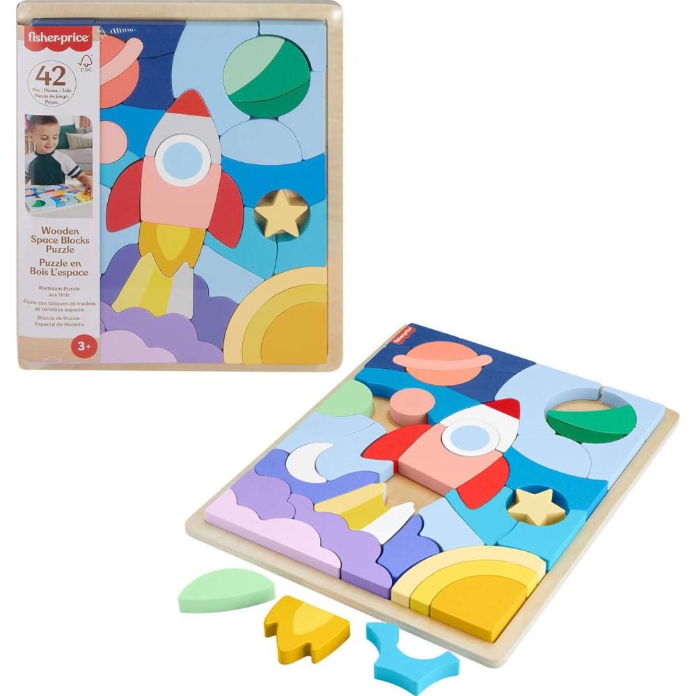 imageFisherPrice Wood Preschool Toy Space Blocks Jigsaw Puzzle 42 Wooden Pieces for Stacking ampamp Sorting Play Kids Ages 3 Years