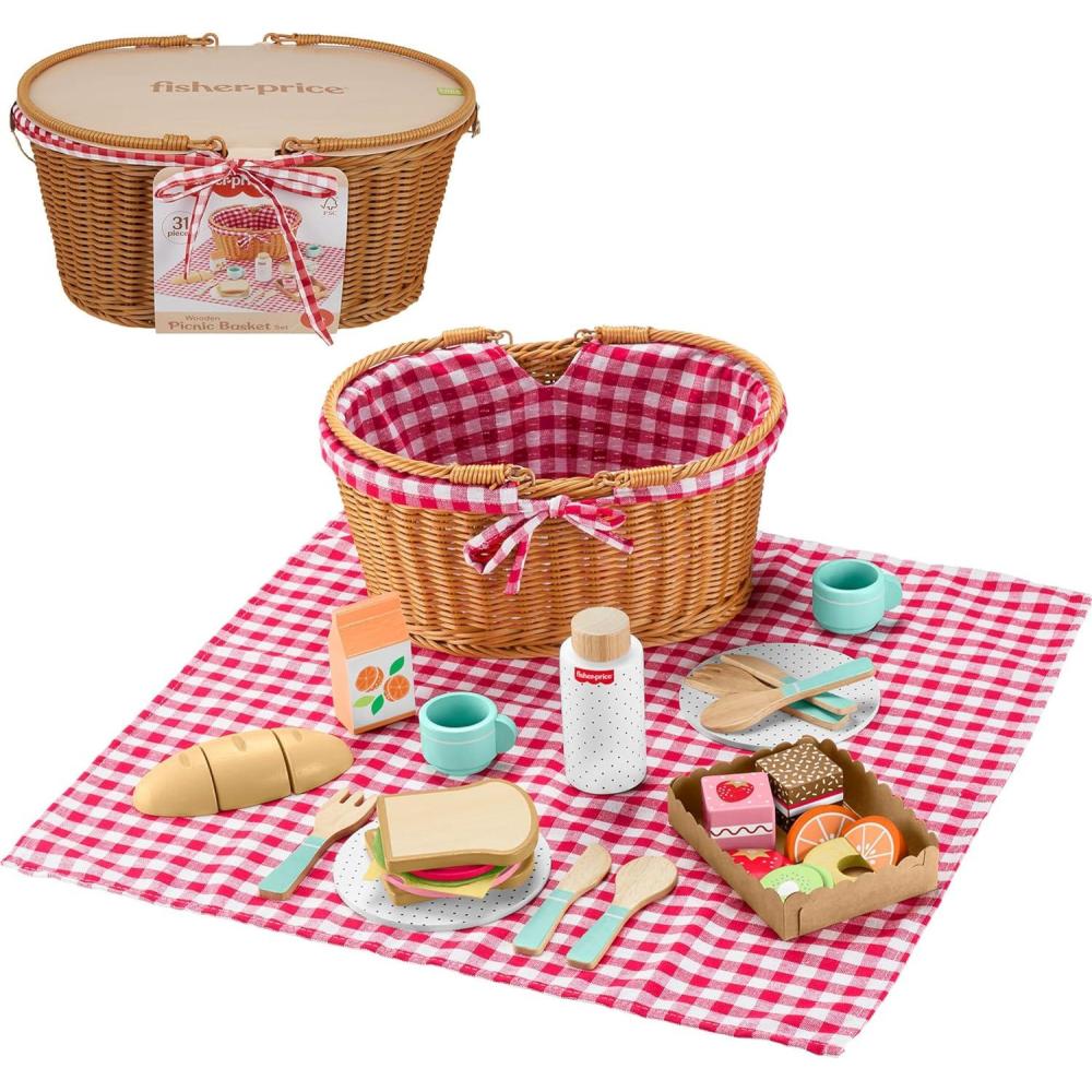 imageFisherPrice Wood Pretend Play Toy Picnic Basket 31Piece Wooden Food Playset for Preschool Kids Ages 3 Years