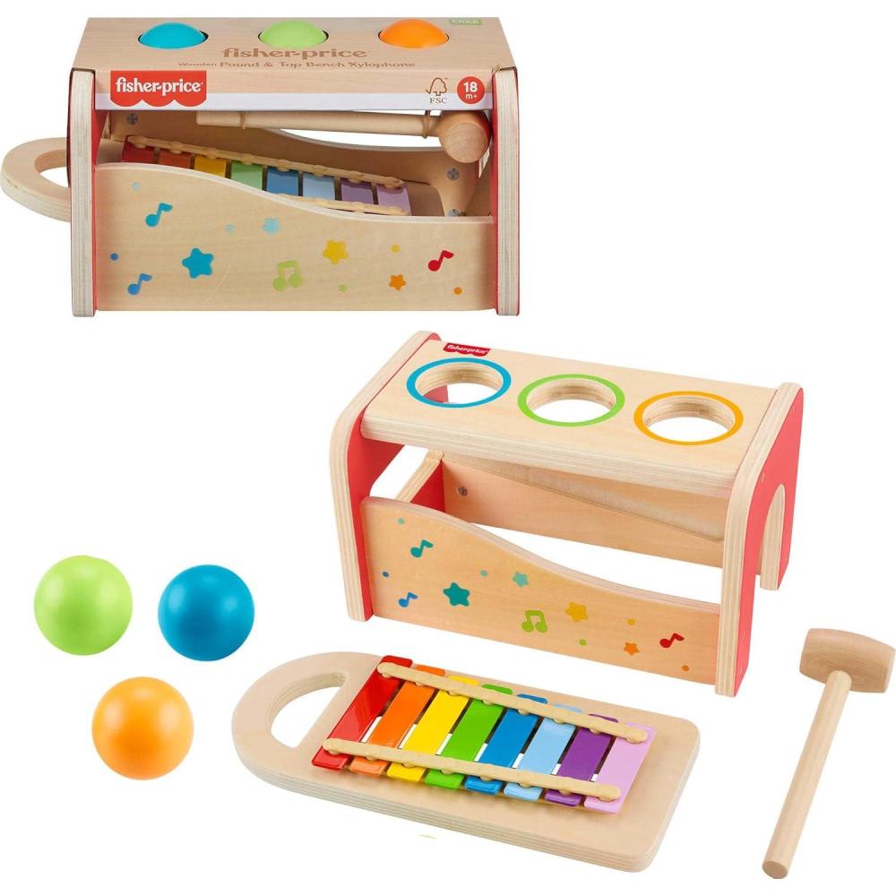 imageFisherPrice Wood Toddler Toy Pound ampamp Tap Bench Xylophone 6Piece Wooden Musical Activity for Preschool Kids Ages 18 Months