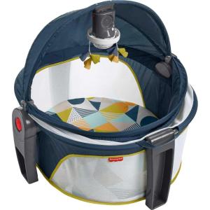 Fisher-Price Portable Baby Bassinet Deluxe On-The-Go Projection Dome, Travel Play Space for Newborns with Lights Music & Canopy, Paper Shapes(Navy)
