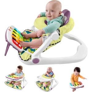 Fisher-Price Portable Baby Chair Kick & Play Deluxe Sit-Me-Up Seat with Piano Learning Toy & Tray for Infants to Toddlers, Purple Monkey