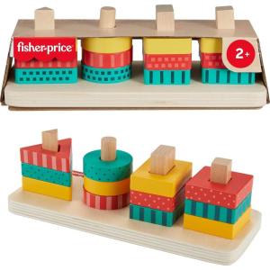 Fisher-Price Wood Toddler Toy Shape Stacker, 13-Piece Wooden Sorting Activity for Fine Motor Play Preschool Kids Ages 2+ Years