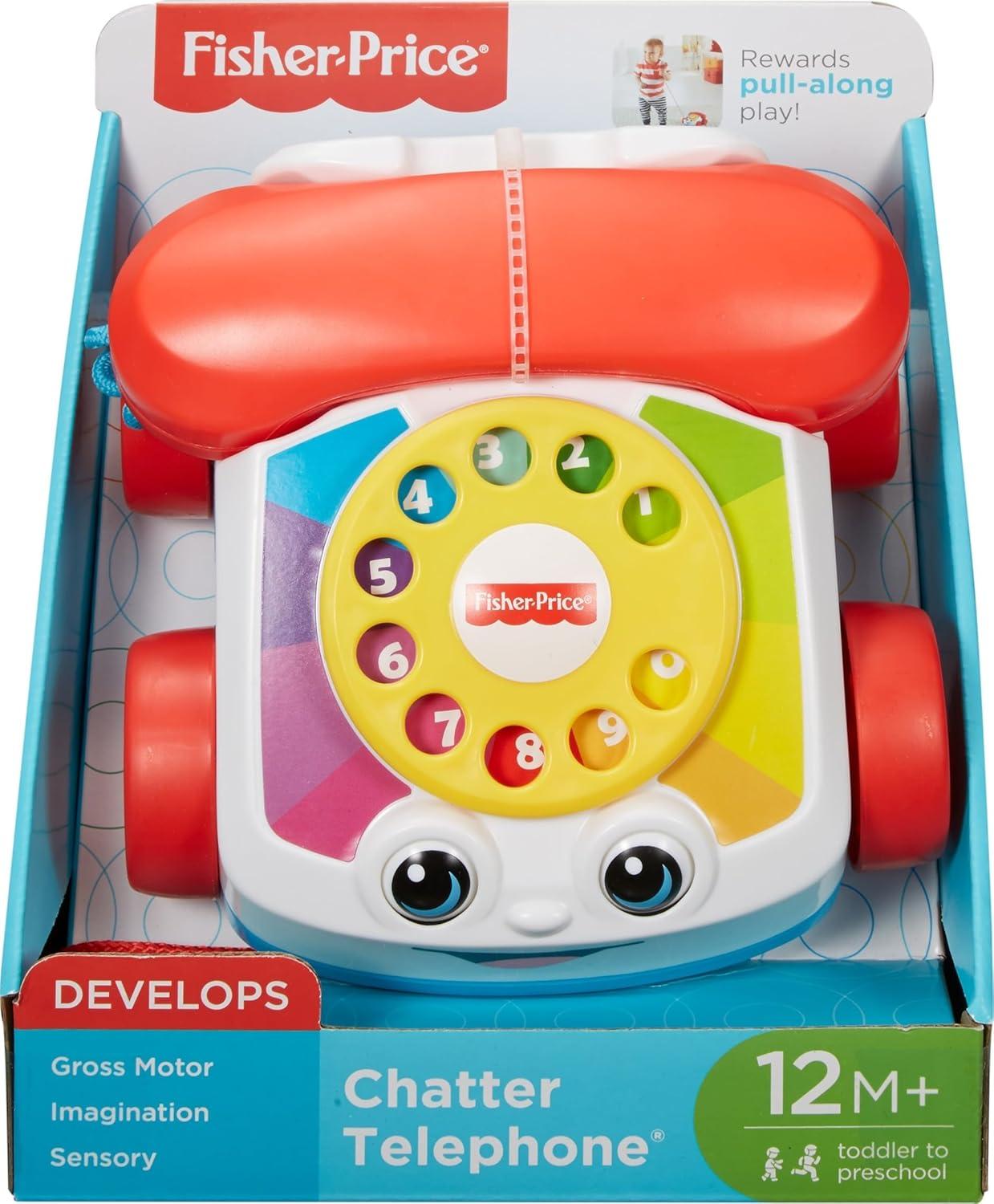 imageFisherPrice Toddler Pull Toy Chatter Telephone Pretend Phone with Rotary Dial and Wheels for Walking Play Ages 1 years