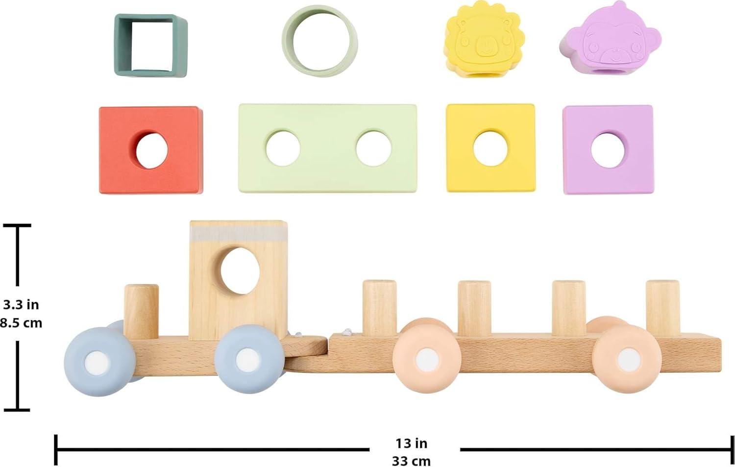 imageFisherPrice Wood Baby Toy Stacking Train 9Piece Activity with Silicone ampamp Wooden Blocks for Infants ampamp Toddlers Ages 9 Months