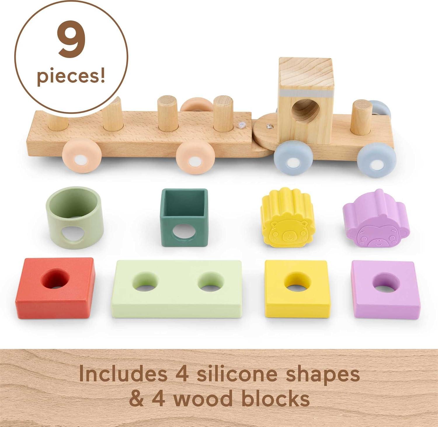 imageFisherPrice Wood Baby Toy Stacking Train 9Piece Activity with Silicone ampamp Wooden Blocks for Infants ampamp Toddlers Ages 9 Months