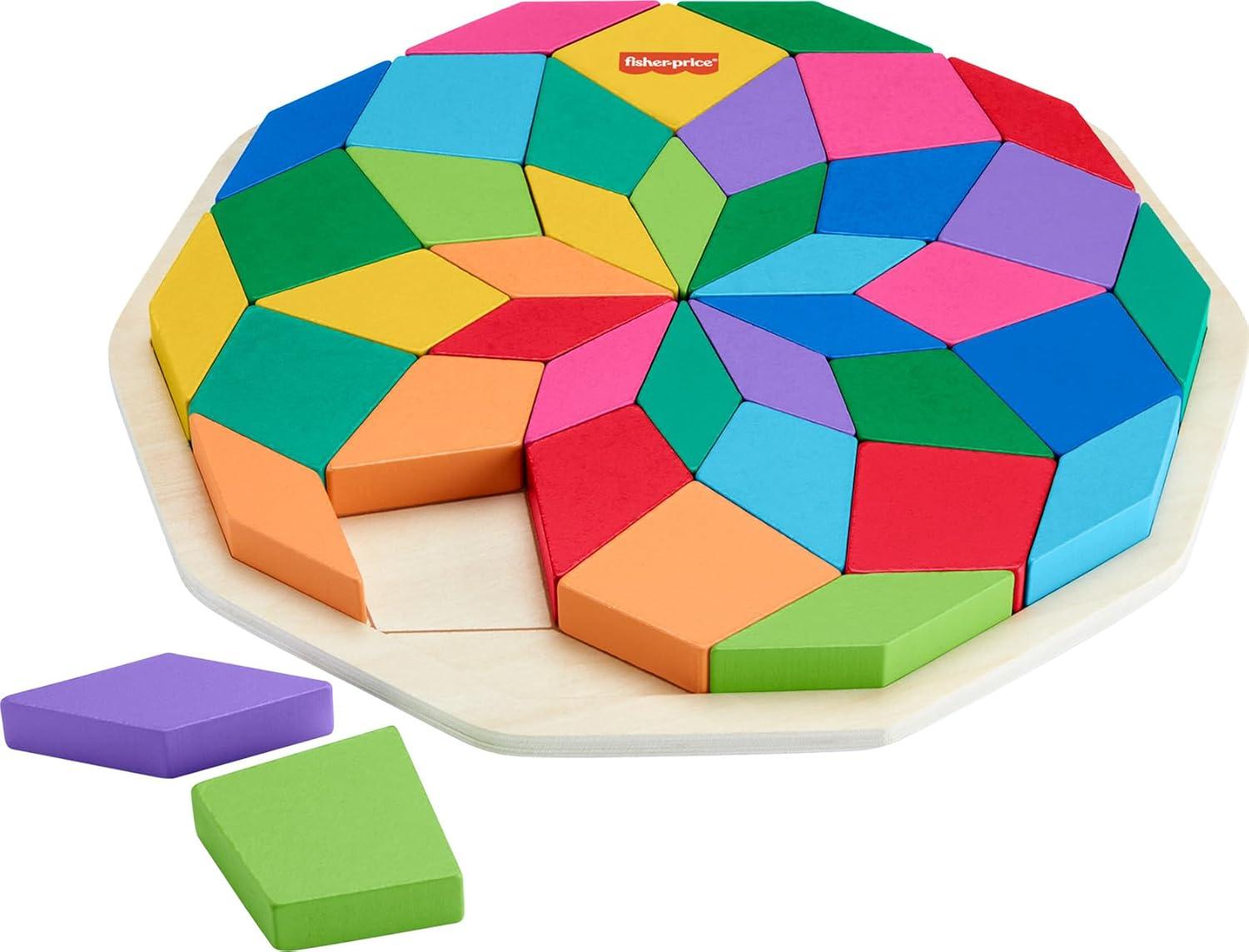 imageFisherPrice Wood Preschool Toy Mandala Puzzle with Geometric Design 41 Wooden Pieces for Kids Ages 3 Years