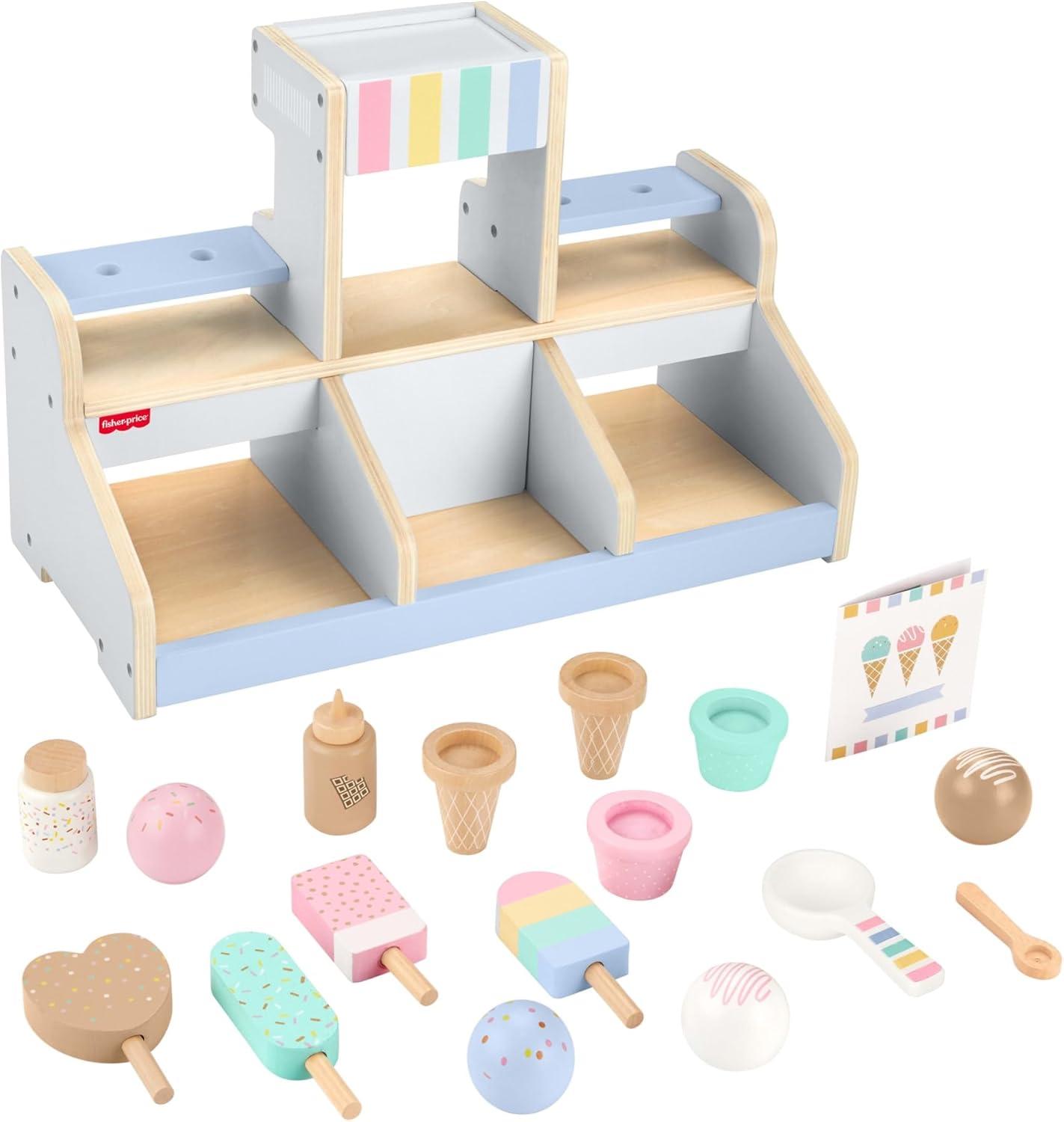 imageFisherPrice Wood Pretend Play Toy Ice Cream Shop Set 18Piece Wooden Food Playset for Preschool Kids Ages 3 YearsIce Cream Shop