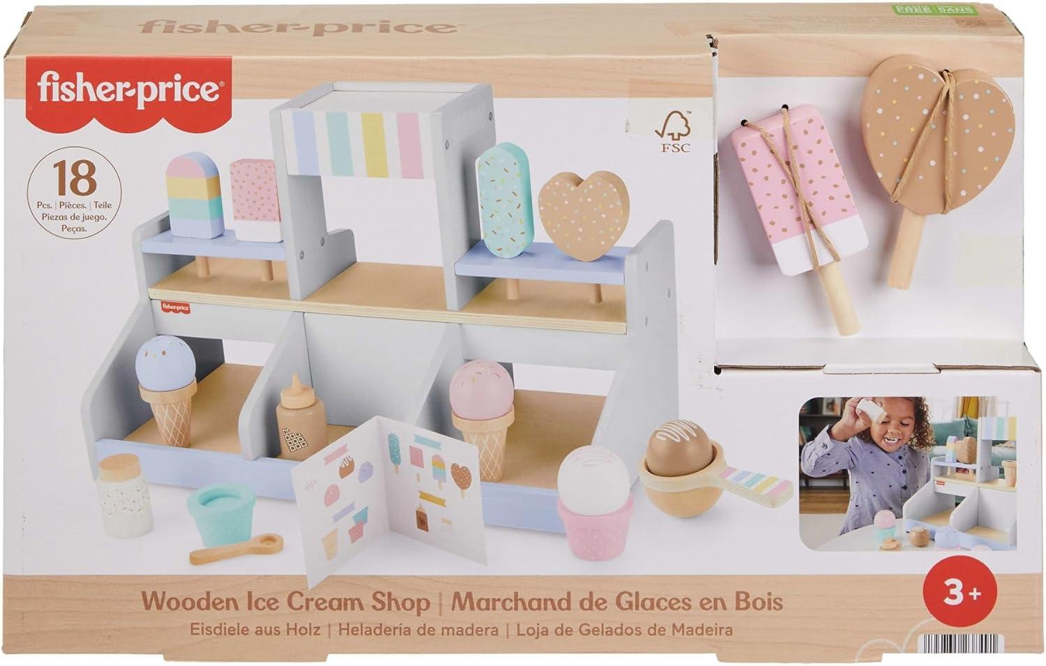 imageFisherPrice Wood Pretend Play Toy Ice Cream Shop Set 18Piece Wooden Food Playset for Preschool Kids Ages 3 YearsIce Cream Shop