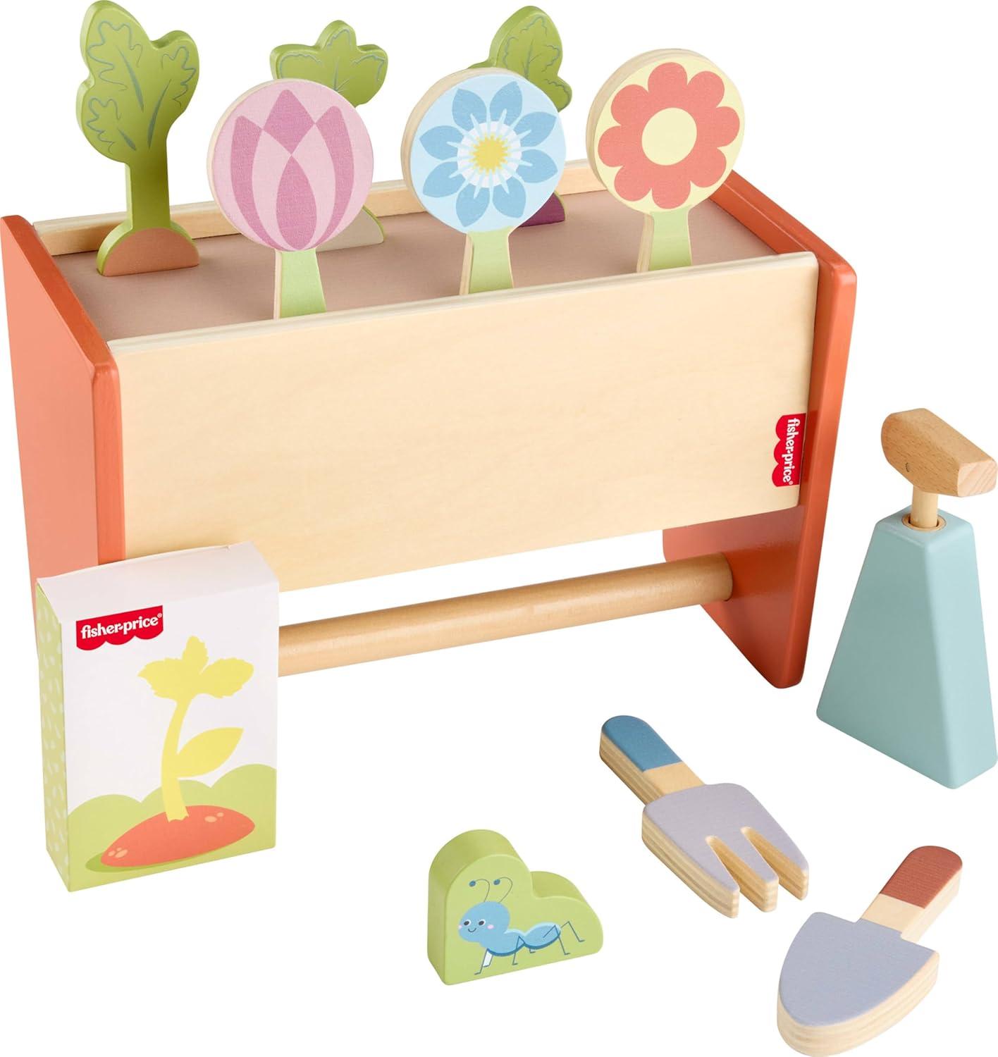 imageFisherPrice Wood Pretend Play Toy Tiny Garden Caddy 12Piece Set with Wooden Tools ampamp Plants for Preschool Kids Ages 3 Years Amazon Exclusive
