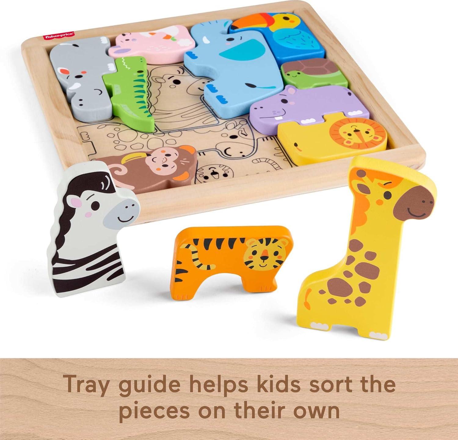 imageFisherPrice Wood Toddler Toy Animal Puzzle 12 Piece Wooden ShapeSorting Activity for Preschool Kids Ages 2 Years