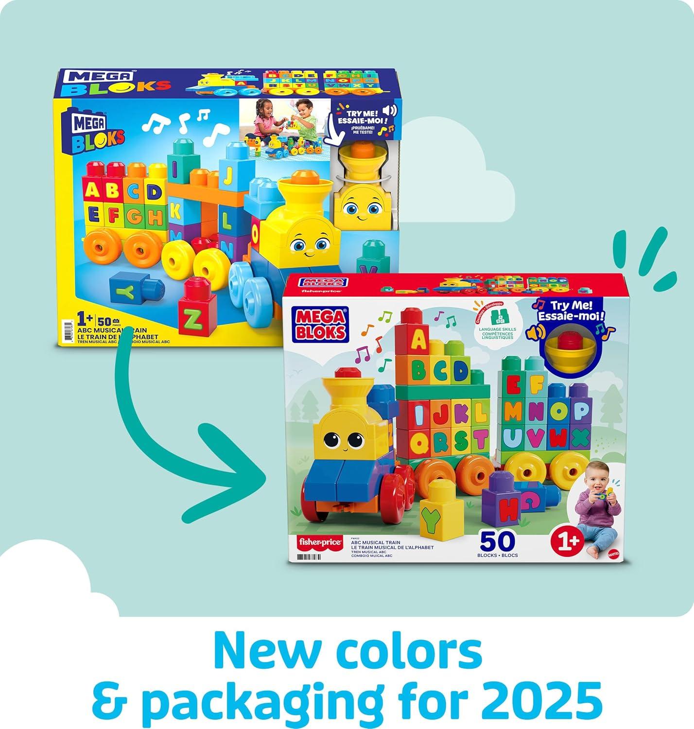 imageMEGA BLOKS First Builders Toddler Building Blocks Toy Set ABC Musical Train with 50 Pieces Music and Sounds Ages 1 Years