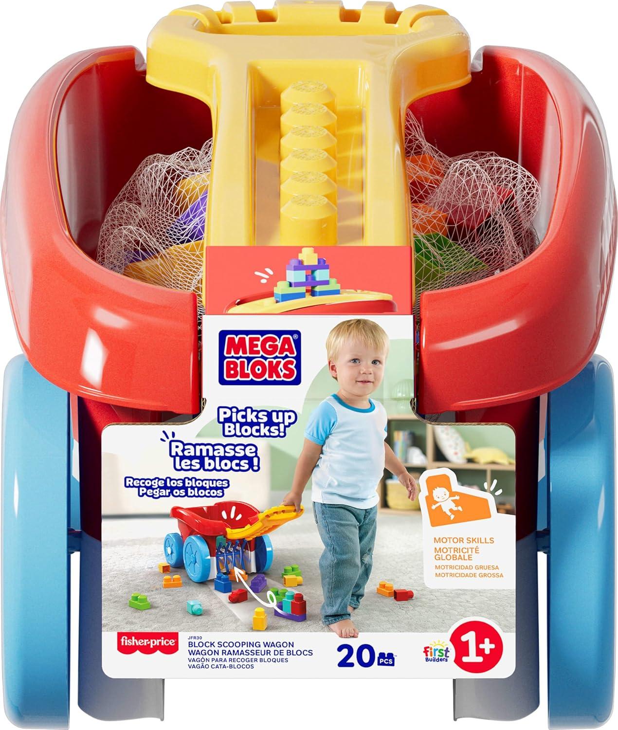 imageMEGA BLOKS First Builders Toddler Building Toy Block Scooping Pull Wagon with 20 Pieces and Builtin Storage Picks Up Blocks Red Kids Ages 1Old Block Scooping Wagon