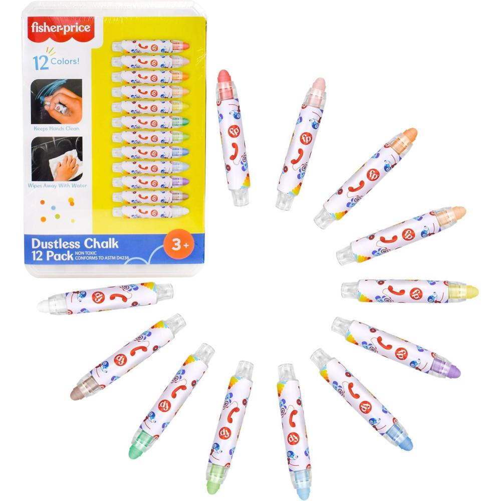 imageFisherPrice Dustless Chalk Set  12 Bright Colors with Adjustable Holders Portable Storage Case Washable Art Supplies Safe ampamp NonToxic Draw on Chalkboards Sidewalks and Paper