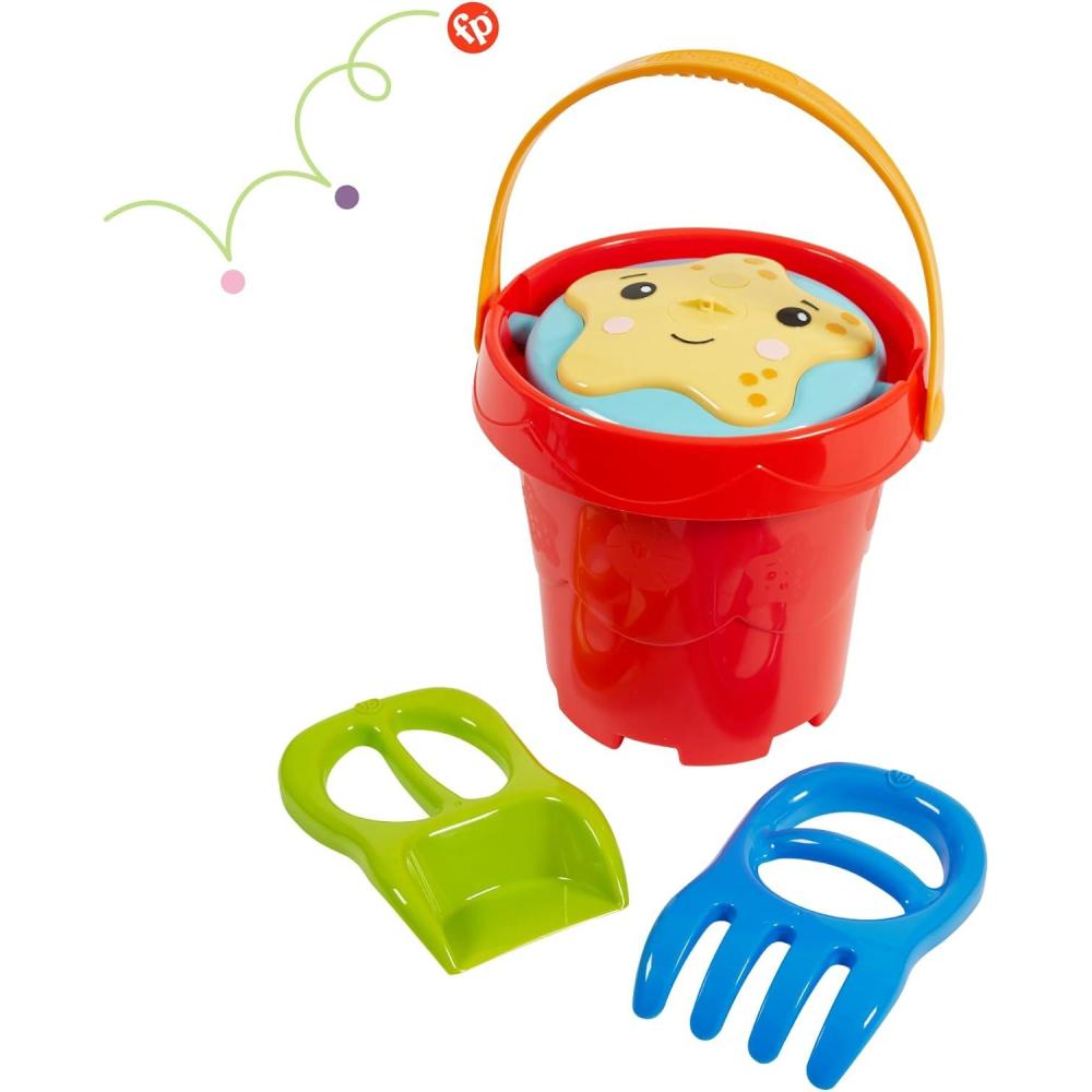 imageFisherPrice Toddler 3in1 Beach Bucket Portable Sprinkler and Sandcastle Mold  Water Toy and Sand Toys for Ages 18 Months  Includes Sand Tools