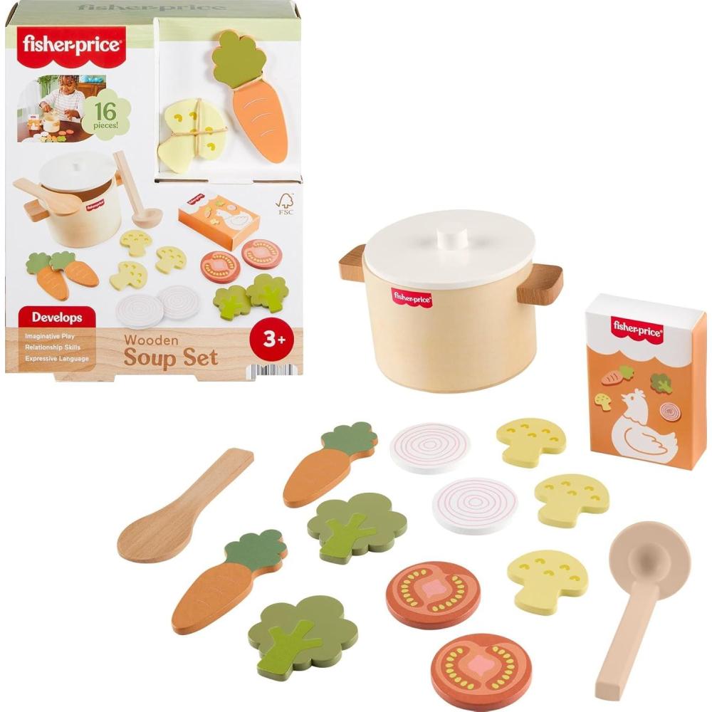 imageFisherPrice Wood Kitchen Pretend Play Toy Pots ampamp Pans Set 19Piece Playset Wooden Metal ampamp Fabric for Preschool Kids Ages 3 YearsVeggie Soup