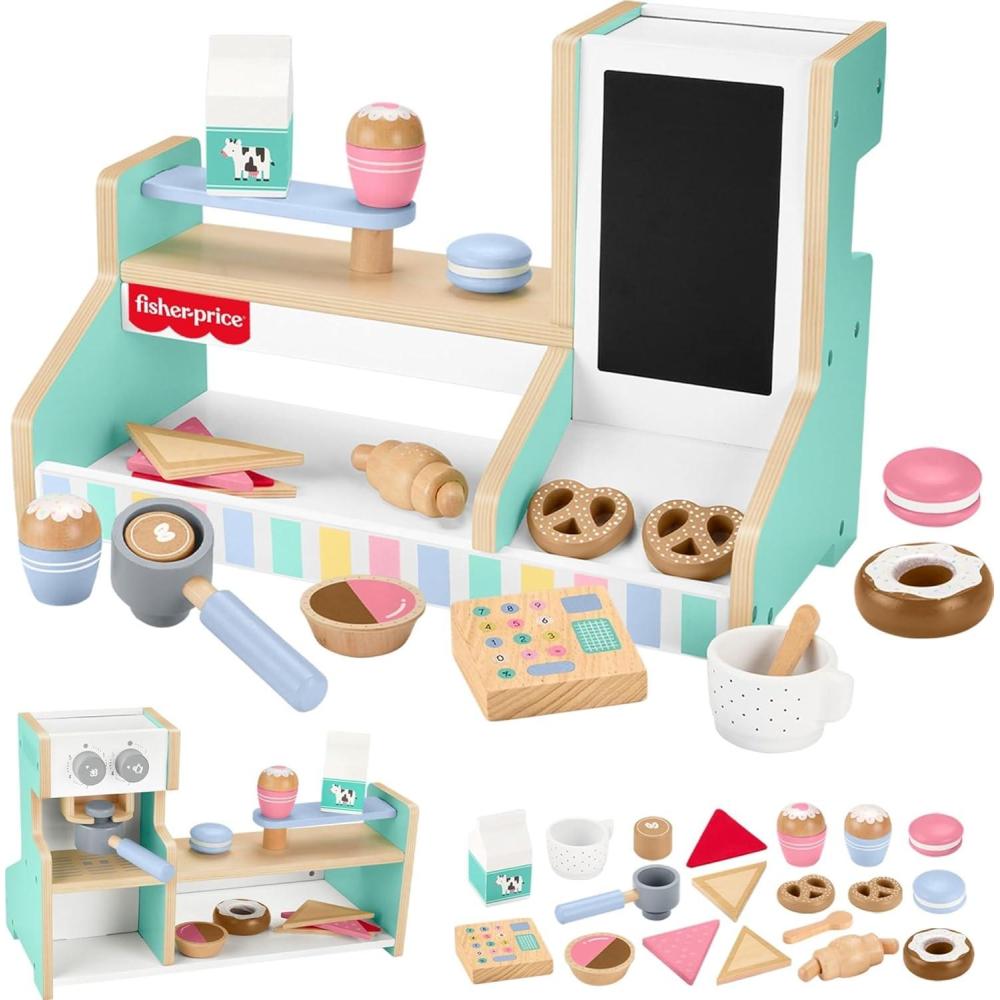 imageFisherPrice Wood Pretend Play Toy Ice Cream Shop Set 18Piece Wooden Food Playset for Preschool Kids Ages 3 YearsCoffee Shop