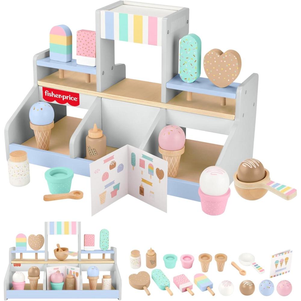 imageFisherPrice Wood Pretend Play Toy Ice Cream Shop Set 18Piece Wooden Food Playset for Preschool Kids Ages 3 YearsIce Cream Shop