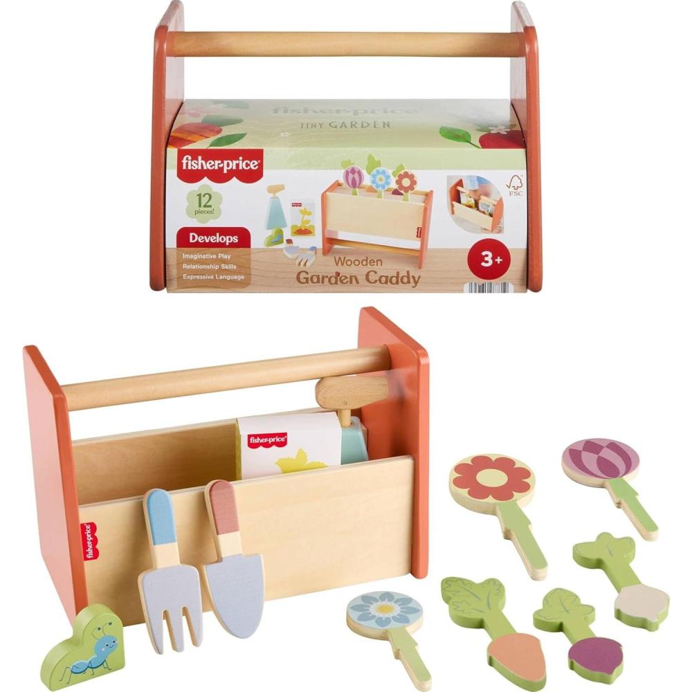 imageFisherPrice Wood Pretend Play Toy Tiny Garden Caddy 12Piece Set with Wooden Tools ampamp Plants for Preschool Kids Ages 3 Years Amazon Exclusive