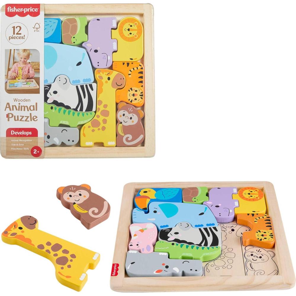 imageFisherPrice Wood Toddler Toy Animal Puzzle 12 Piece Wooden ShapeSorting Activity for Preschool Kids Ages 2 Years