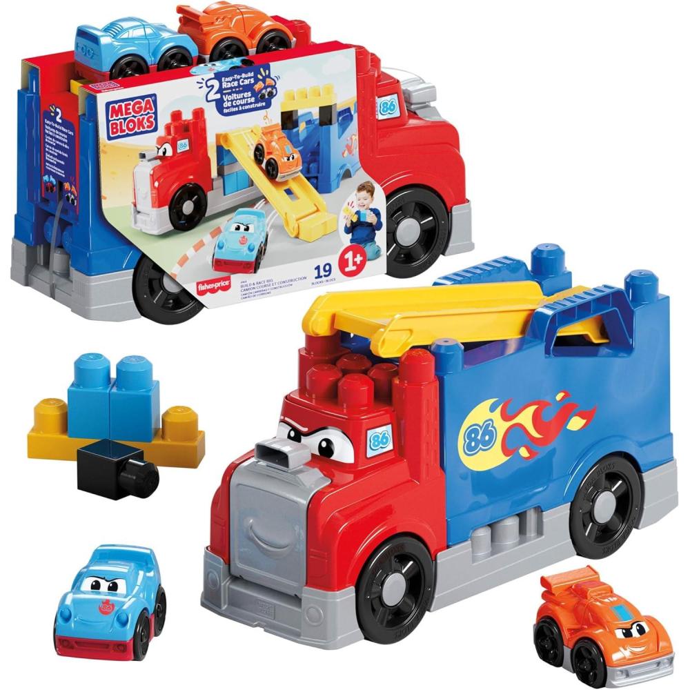 imageMEGA BLOKS First Builders Toddler Building Blocks Toy Set Build ampamp Race Rig with 19 Pieces 2 Race Cars and Storage Red Ages 1 Years