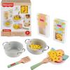 Fisher-Price Wood Kitchen Pretend Play Toy Pots & Pans Set, 19-Piece Playset Wooden, Metal & Fabric for Preschool Kids Ages 3+ Years(Pasta Chef)