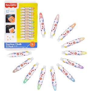 Fisher-Price™ Dustless Chalk Set – 12 Bright Colors with Adjustable Holders, Portable Storage Case, Washable Art Supplies, Safe & Non-Toxic, Draw on Chalkboards, Sidewalks, and Paper