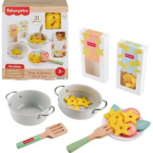 Fisher-Price Wood Kitchen Pretend Play Toy Pots & Pans Set, 19-Piece Playset Wooden, Metal & Fabric for Preschool Kids Ages 3+ Years(Pasta Chef)