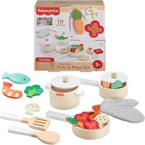 Fisher-Price Wood Kitchen Pretend Play Toy Pots & Pans Set, 19-Piece Playset Wooden, Metal & Fabric for Preschool Kids Ages 3+ Years(Pots & Pans)