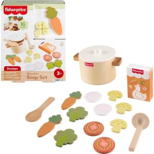 Fisher-Price Wood Kitchen Pretend Play Toy Pots & Pans Set, 19-Piece Playset Wooden, Metal & Fabric for Preschool Kids Ages 3+ Years(Veggie Soup)