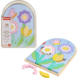 Fisher-Price Wood Preschool Toy Flower Puzzle Blocks, 38-Piece Wooden Stacking Set for Developmental Play Kids Ages 3+ Years