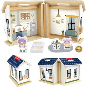 Fisher-Price Wood Pretend Play Toy Dollhouse, 6-Piece Wooden House Playset for Travel Preschool Kids Ages 3+ Years