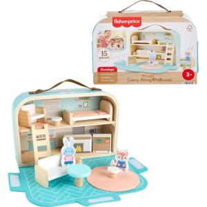 Fisher-Price Wood Pretend Play Toy Dollhouse Carry Along, 15-Piece Wooden Portable Playset for Travel Preschool Kids Ages 3+ Years
