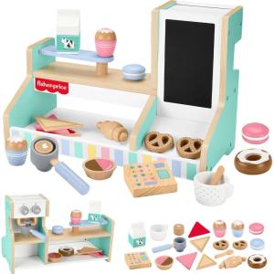 Fisher-Price Wood Pretend Play Toy Ice Cream Shop Set, 18-Piece Wooden Food Playset for Preschool Kids Ages 3+ Years(Coffee Shop)