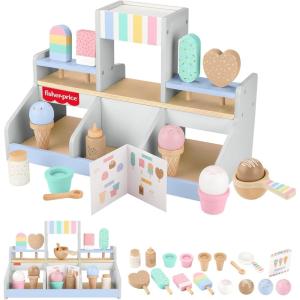 Fisher-Price Wood Pretend Play Toy Ice Cream Shop Set, 18-Piece Wooden Food Playset for Preschool Kids Ages 3+ Years(Ice Cream Shop)