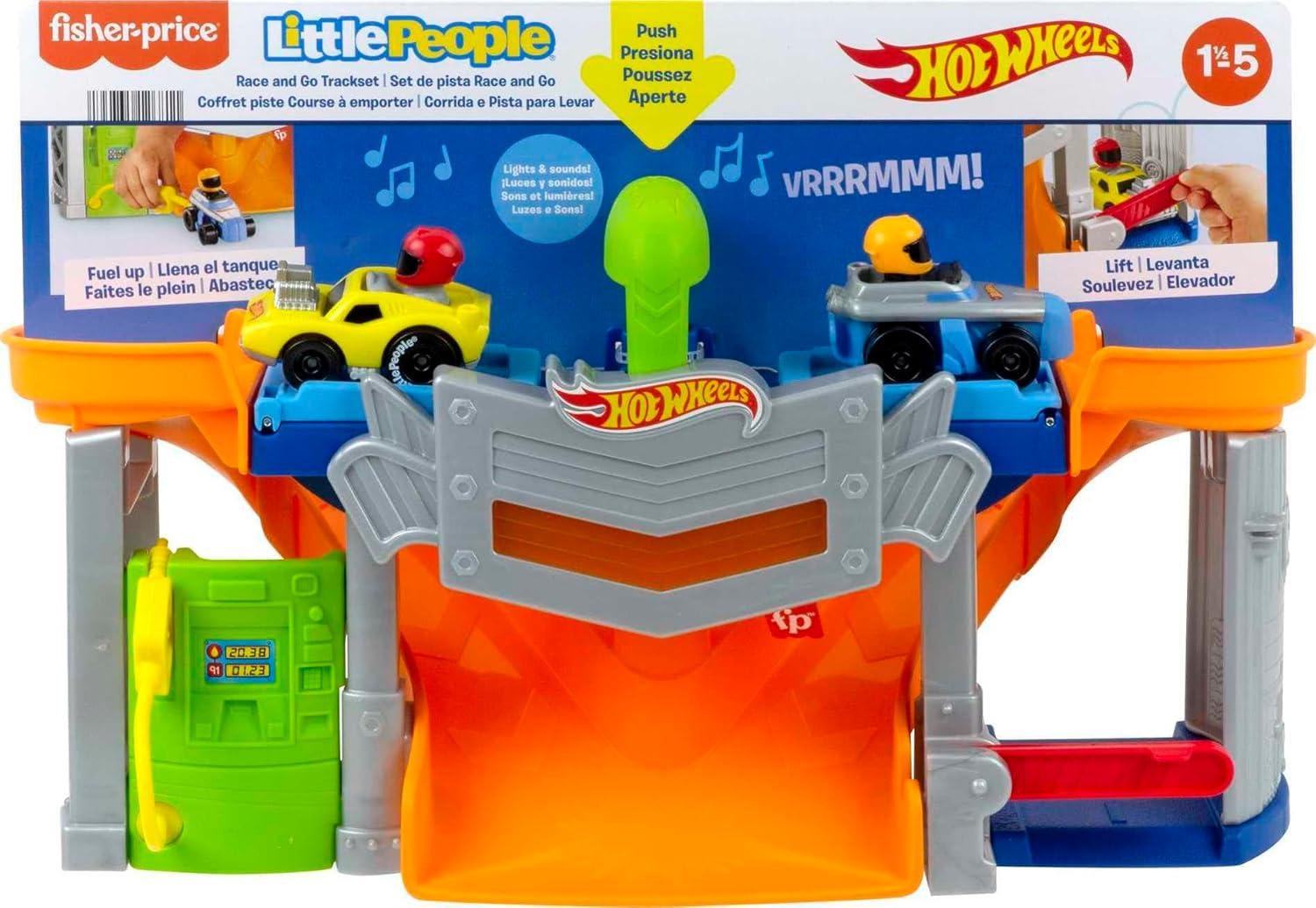 imageFisherPrice Little People Hot Wheels Toddler Toy Race and Go Track Set with Lights Sounds ampamp 2 Cars for Pretend Play Kids Ages 18 Months