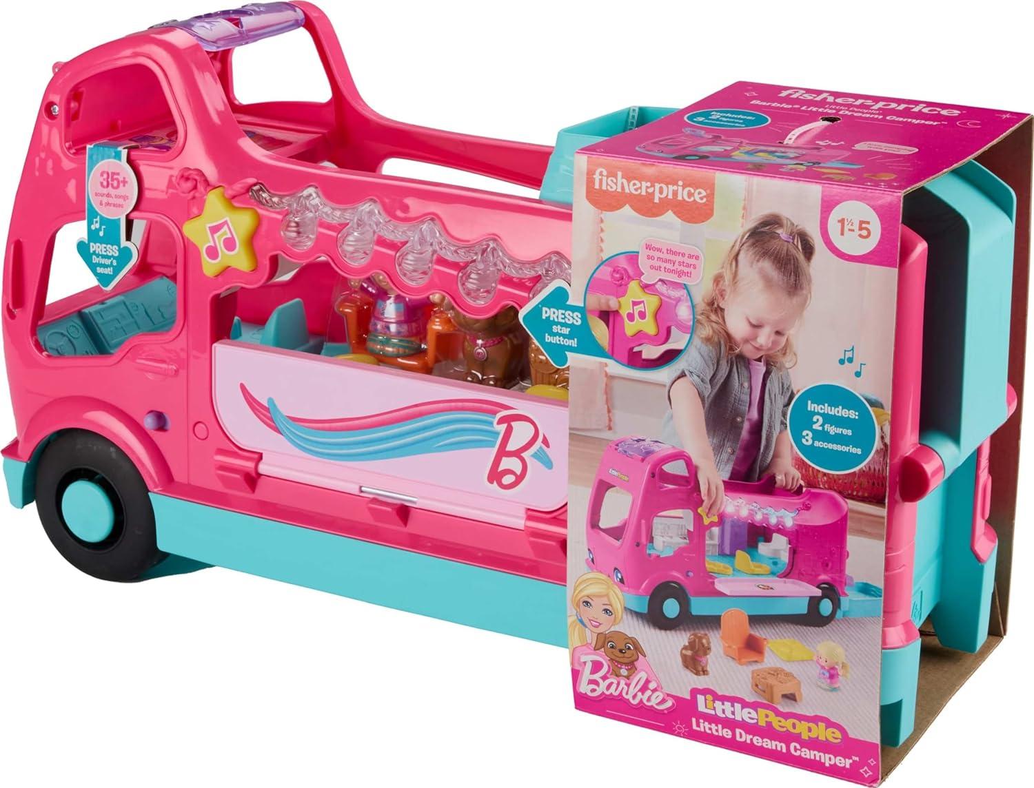 imageFisherPrice Little People Toddler Toy Barbie Little Dreamcamper RV Playset with Music Lights ampamp 2 Figures for Ages 18 Months Multilanguage Version