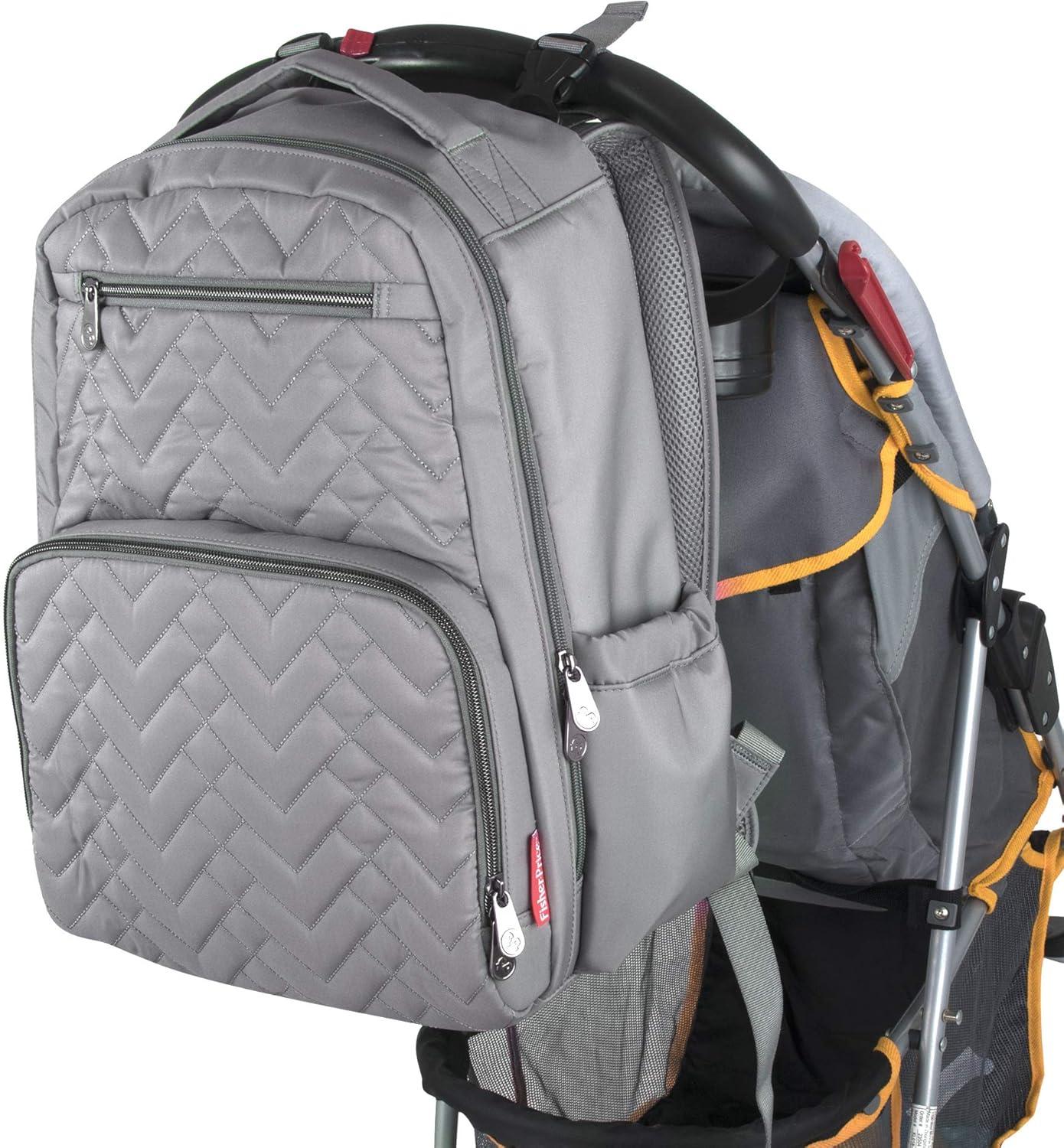 imageBaby Essentials FisherPrice Signature Morgan Quilted Backpack Diaper Bag with Changing Pad Stroller Clips Laptop Compartment Gray