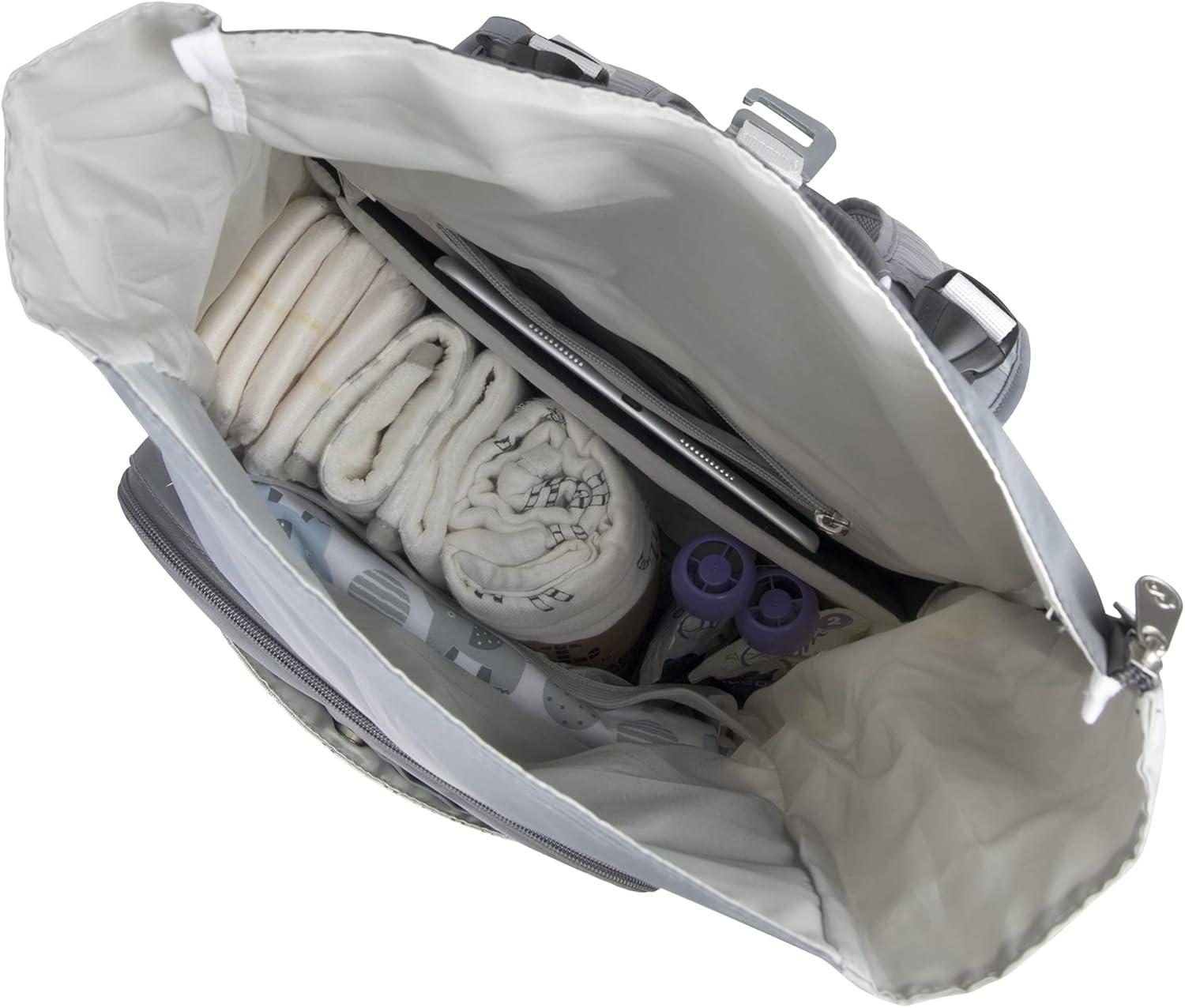 imageFisherPrice MultiPocket 13 Grey Roll Top Diaper Bag Backpack with Portable Changing Pad Stroller Straps Wipes Bottle Tablet Pockets